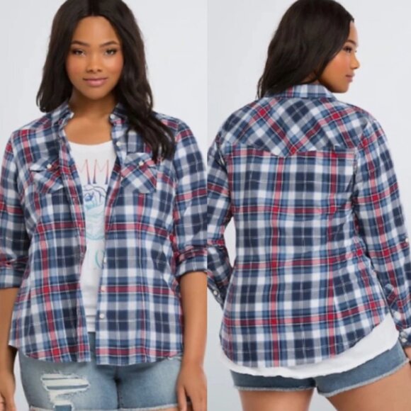 torrid Tops - Torrid Women’s Size 1 1X 14/16 Blue and Red Plaid Button-Up Shirt